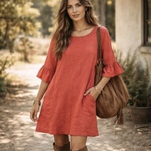 John Mark 100% Linen Tunic Shift Dress Size XL Orange Flutter Sleeve Lagenlook